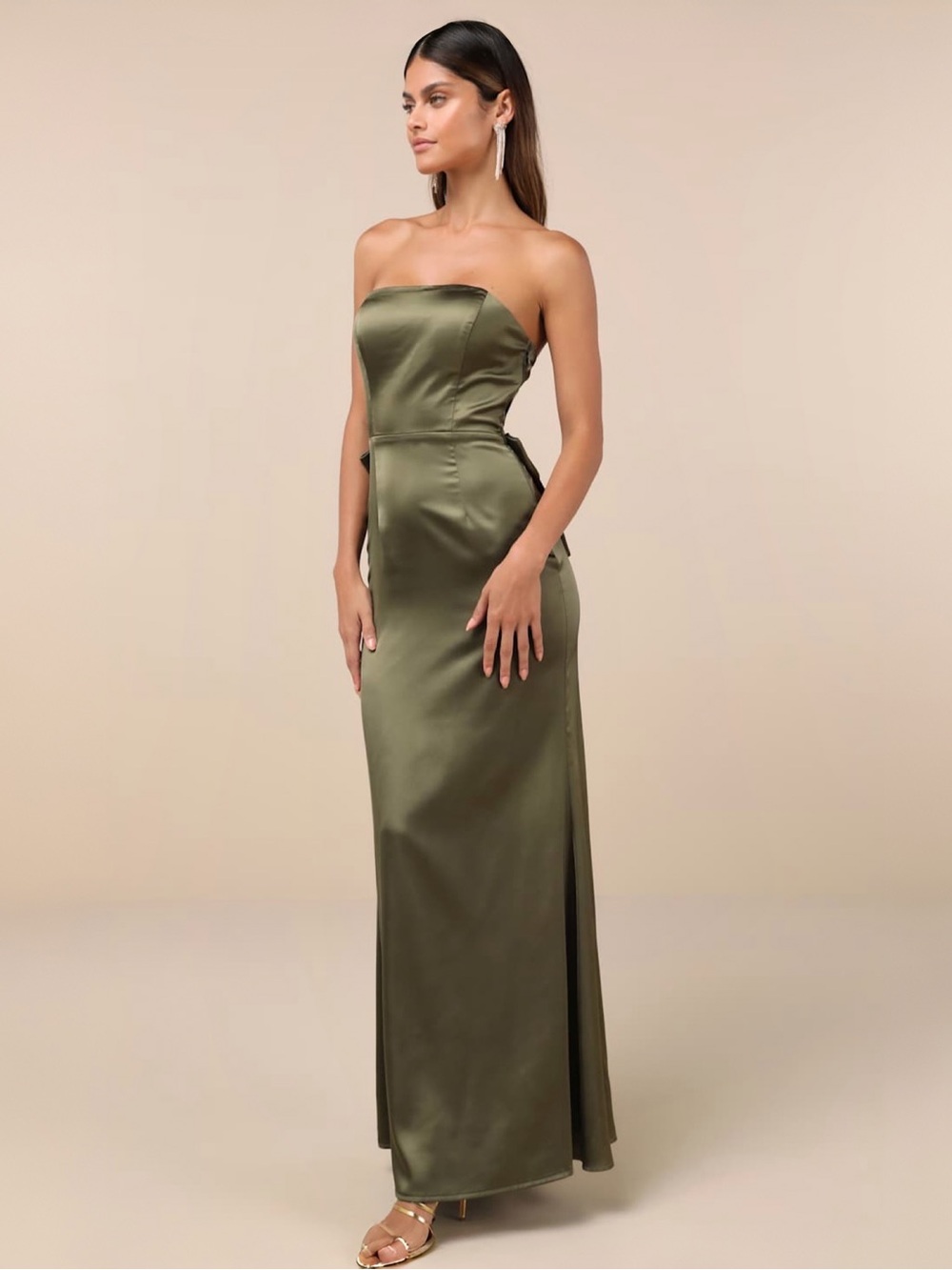 Lulus Absolutely Poised Olive Green Satin Strapless Bow Maxi Dress Sz XS NEW